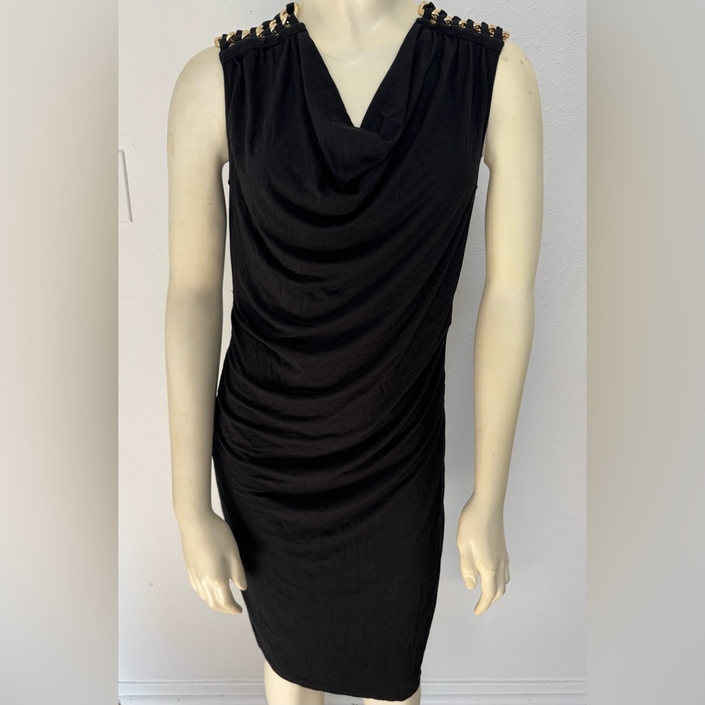 Peter Nygard Little Black Cocktail Dress Gold Shoulder Detail Draped Size 8 EUC